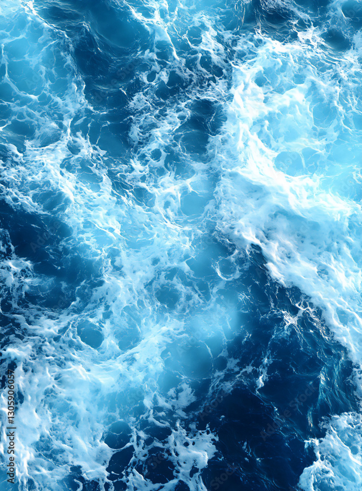 Poster a photorealistic image of the surface texture of deep blue water with whit