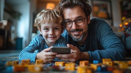 Fototapeta premium Father, son lying on floor use phone for selfie. Dad shows son tech skills. Happy family indoor. Fun weekend activity. Tech use in safe way for children. Digital literacy for kids, 32k Resolution 