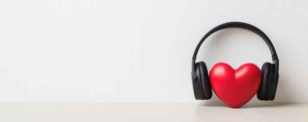 A pair of headphones rests on a surface beside a red heart, symbolizing the connection between music and love.