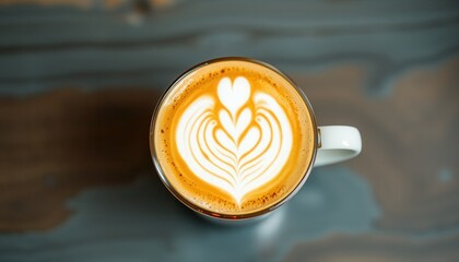 Crafting heart-shaped latte art cozy  food photography warm ambiance top-down perspective gourmet coffee experience
