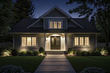 Naklejka premium A peaceful home exterior with micro-automated security features, illuminated under the stars at night.