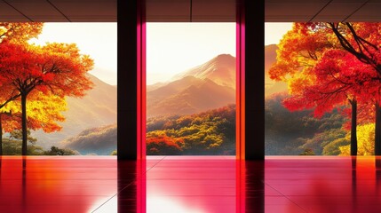 Autumnal view through modern architecture. Vibrant fall foliage and mountains create a serene scene.