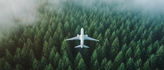 An airplane soaring over a lush green forest, symbolizing the positive impact of biofuels and sustainable travel practices, highlighting eco-friendly aviation in harmony with nature. 