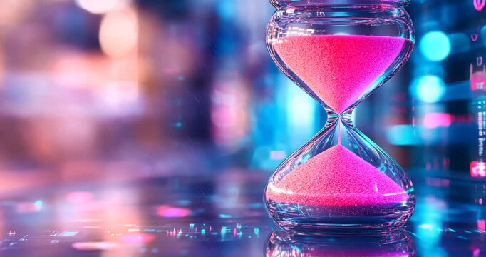 Time in the Digital Age: An Hourglass in a Neon Cityscape
