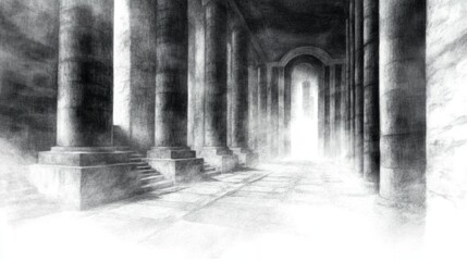 Obraz premium A grayscale drawing of a majestic hall with towering columns and a bright light at the end, creating a sense of mystery and awe.