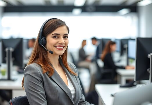asistencia al cliente o agente de ventas femenino. Antecedentes no centrados de centros de llamadas modernos. Los empleados est&aacute;n trabajando.