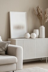 Beige minimalist living room interior with abstract art.
