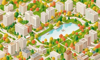 Isometric autumn city with park, pond, and colorful trees