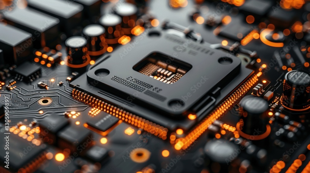 Poster close-up of circuit board with processor, glowing orange traces