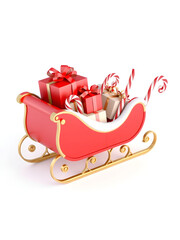 Red sleigh filled with gifts and candy canes on a white background, symbolizing Christmas joy and celebration. 3D Rendering