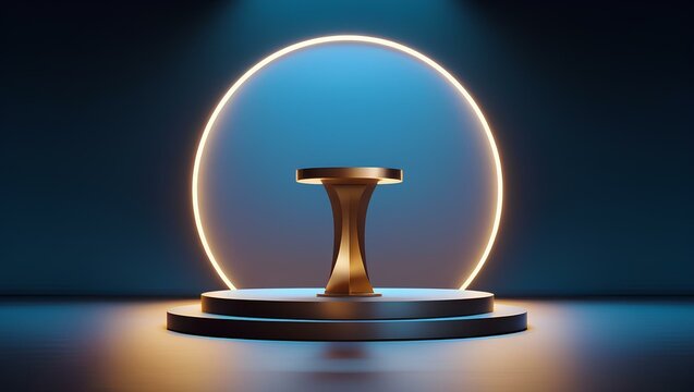 A podium illuminated by a spotlight, positioned in front of a circular light, creating a dramatic focal point
