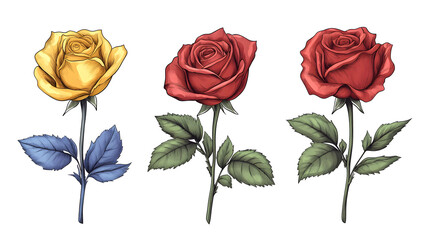 Three roses of different colors are shown in a close up