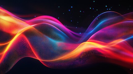 Colorful abstract wave flowing on dark background with particles