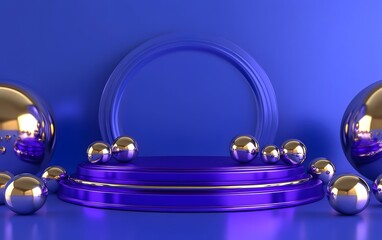Abstract Blue Stage with Metallic Spheres 3D Render