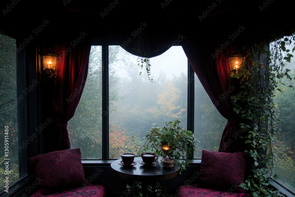 Poster a window with curtains and a table with two cups of tea