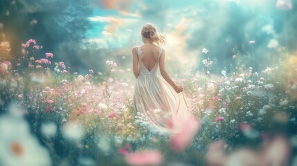 Beautiful woman in elegant long skirt dancing walking in wild flower field in Spring.