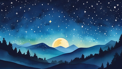 Fototapeta premium Watercolor Night Sky with Moon over Mountains and Pine Trees Illustration