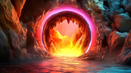 A vibrant, otherworldly portal glows in a cave, casting an ethereal light on the surrounding rocks. This digital art piece evokes a sense of mystery and wonder.