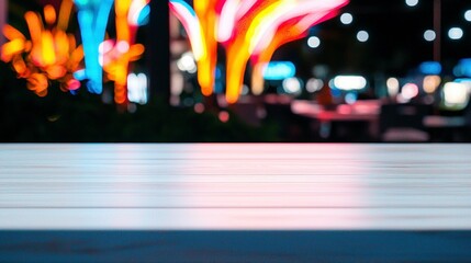 Fototapeta premium Empty Wooden Table at Night Restaurant Background City Lights Blurred Bokeh