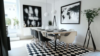 Coordinated dining room with a black and white theme, featuring monochrome chairs, table decor, and a checkered rug