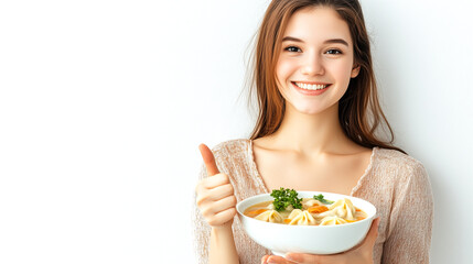 Happy Food Lover Enjoying Wonton Soup with Dumplings