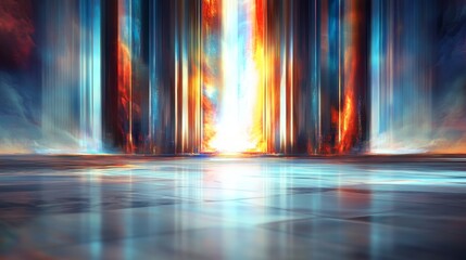 Abstract digital art depicting a futuristic, vibrant scene with glowing pillars and a reflective floor.  A portal of light is at the center.