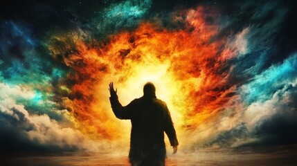 Obraz premium A lone figure silhouetted against a fiery, celestial backdrop. Reaching out towards the vibrant, swirling clouds.