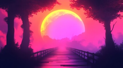 Naklejka premium A surreal, vibrant pink and purple sunset scene. A wooden bridge leads towards a large, glowing moon.