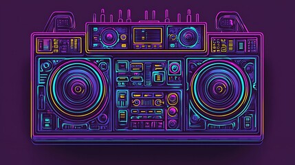 Neon Boombox 80s Retro Music Player Illustration.