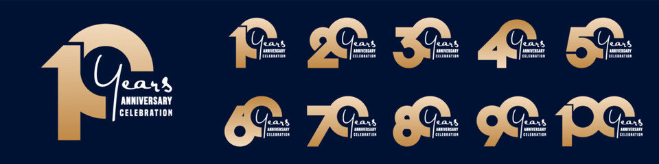 collection anniversary 10 to 100 year logo designs. abstract number for celebration event, wedding, greeting card, and invitation, vector illustration © gemilang