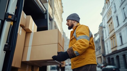 Fototapeta premium Delivery worker unloading boxes from van in residential area