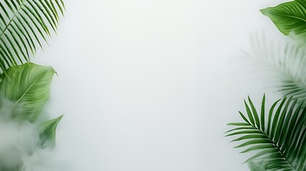 Lush Green Tropical Leaves Frame with Foggy White Background