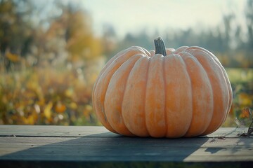 Fresh orange pumpkin on wooden table with autumn background