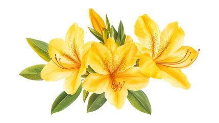 Three yellow flowers with green leaves. The flowers are arranged in a row