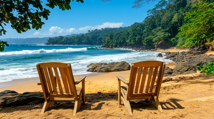 Two wooden chairs facing the ocean on a tropical beach, surrounded by lush greenery and golden sand perfect for themes of vacation, leisure, retirement, and exotic getaways
