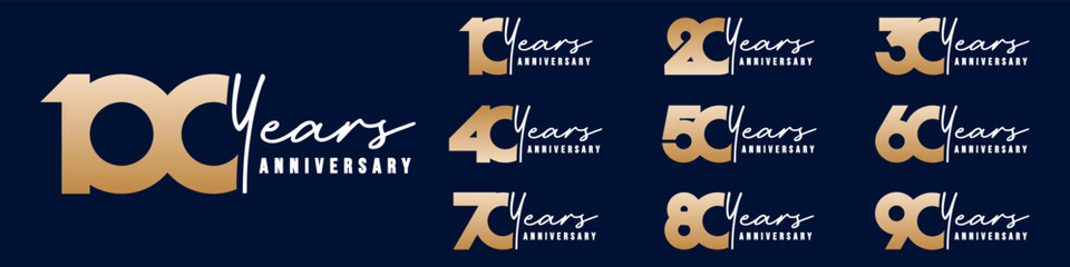 collection anniversary 10 to 100 year logo designs. abstract number for celebration event, wedding, greeting card, and invitation, vector illustration