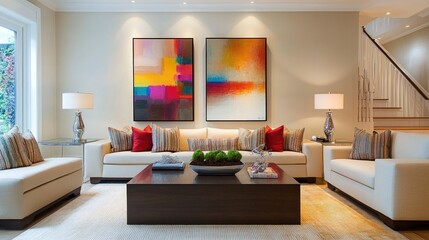 Cozy contemporary living room with a modular sofa, modern art on the walls, and a minimalist coffee table