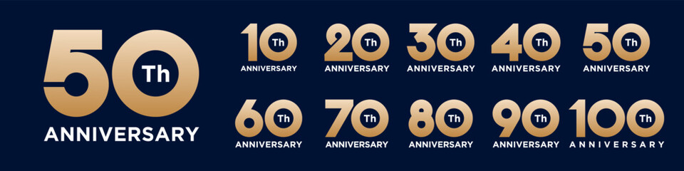 collection anniversary 10 to 100 year logo designs. abstract number for celebration event, wedding, greeting card, and invitation, vector illustration