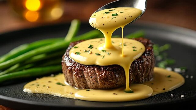 Gourmet Dinner Delicious Steak with Creamy Sauce and Green Beans on Black Plate Culinary Delight for Food Lovers and Restaurant Cuisine Enthusiasts