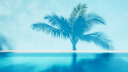 Fototapeta premium Abstract blue wall background with a swimming pool and palm tree shadow, a summer vacation concept.