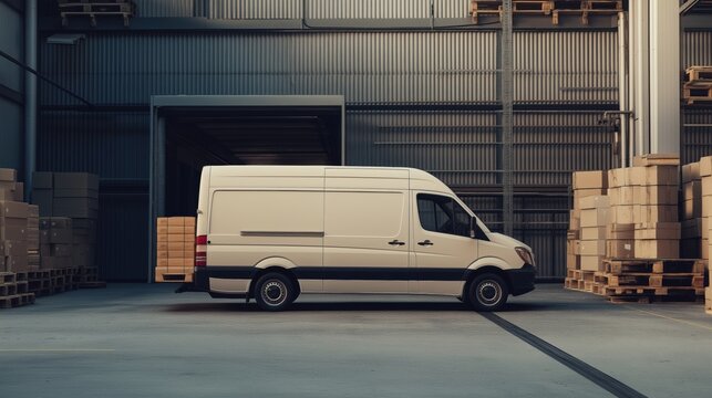 Delivery van parked in a warehouse with stacked boxes in the background