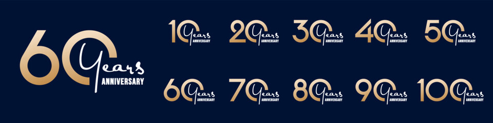 collection anniversary 10 to 100 year logo designs. abstract number for celebration event, wedding, greeting card, and invitation, vector illustration
