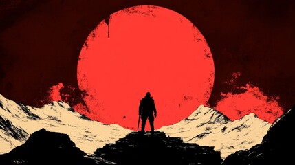 Naklejka premium Silhouette of a man standing on a hill against a large red sun and beige mountains. Epic and dramatic scene.