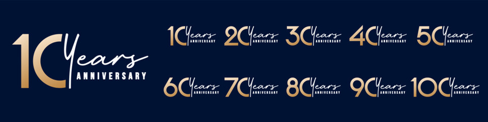 collection anniversary 10 to 100 year logo designs. abstract number for celebration event, wedding, greeting card, and invitation, vector illustration