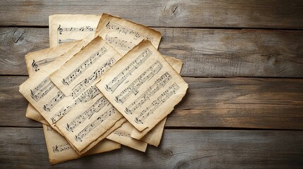 Antique Sheet Music Rests On Wooden Surface