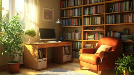 Cozy home office corner with a small desk, shelves filled with books, and a comfortable armchair for reading and relaxing