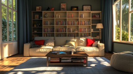 Cozy family room with a comfortable sofa, organized shelves, and a central coffee table for easy family interaction