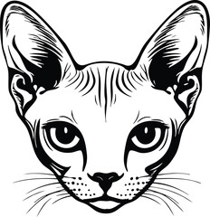 Cat face portrait, black outline clipart style illustration, transparent background vector