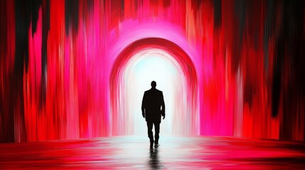 A lone figure walks toward a bright light at the end of an archway, bathed in vibrant red and pink hues.