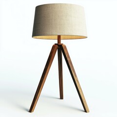 A stylish tripod lamp with a textured shade, featuring a wooden base that adds a modern touch to any interior space.